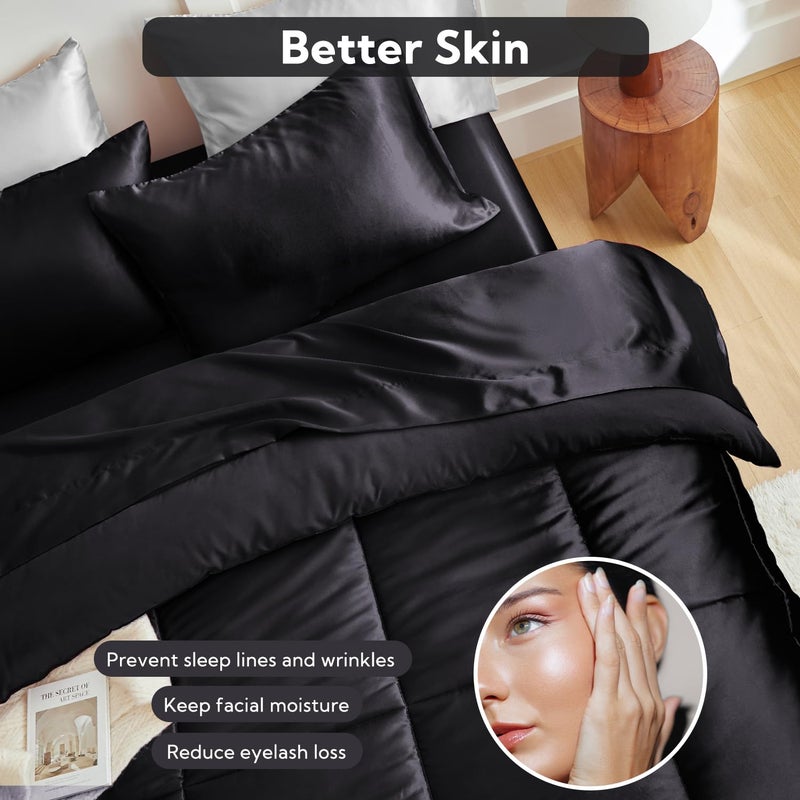 MR&HM Full Size Comforter Set Black, Reversible Satin Microfiber Comforter Set for All Seasons, 3 Pieces Non-Slip Silky Soft Bedding Sets with 1 Comforter (82"x86") and 2 Pillowcases (20"x26") - Image 4