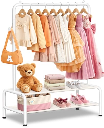 mirolam Kids Clothing Rack - Dress Up Clothes Rack - Baby Toddler Closet - Mini Freestanding Coat Racks with 2 Fabric Shelves - Small Kids Costume Wardrobe - Garment Rack for Hanging Clothes Organizer - Image 1