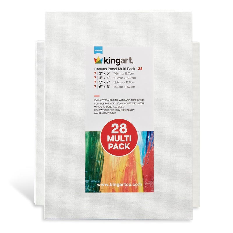 KINGART White 28 Pc. Multi-Size Value Artist Canvas Boards, Gesso Primed - 100% Cotton Square Panels, Art Supplies for Oil and Acrylic Painting, 7 Ea. 3x5, 4x4, 5x7, 6x6 in. - Image 1