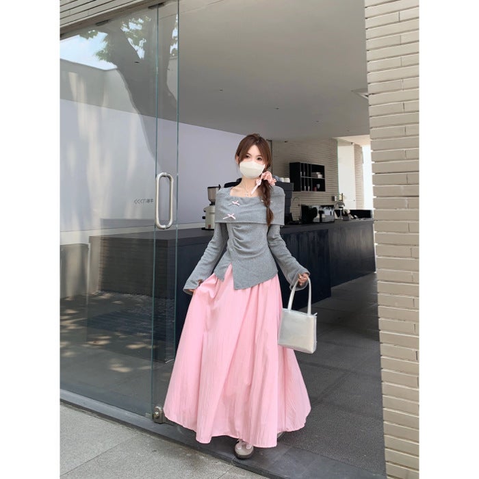 Pure Desire Spice Girl Slim-Fit Bow Knitted Top Women'S Design Sense Elegant High Waist Half-Length Skirt Suit Early Autumn - Image 1