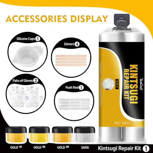 YumCraft Kintsugi Repair Kit Gold & Silver, 50ml Kintsugi Glue for Broken Ceramics, Bowls, Cups, Porcelain, Glass, Food Safe Pottery Repair Kit for Repair Meaningful Gifts, Jade, Sculpture, Vase, Mug - Image 2
