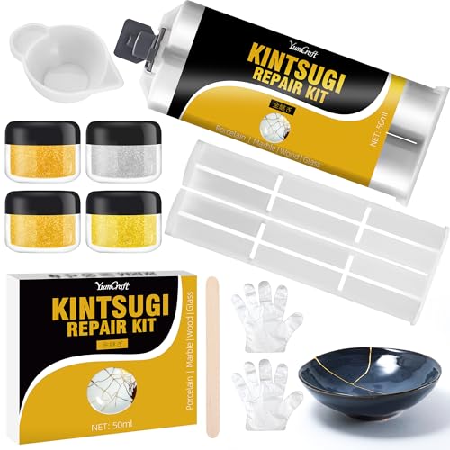 YumCraft Kintsugi Repair Kit Gold & Silver, 50ml Kintsugi Glue for Broken Ceramics, Bowls, Cups, Porcelain, Glass, Food Safe Pottery Repair Kit for Repair Meaningful Gifts, Jade, Sculpture, Vase, Mug - Image 1