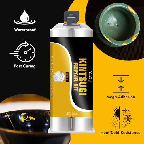 YumCraft Kintsugi Repair Kit Gold & Silver, 50ml Kintsugi Glue for Broken Ceramics, Bowls, Cups, Porcelain, Glass, Food Safe Pottery Repair Kit for Repair Meaningful Gifts, Jade, Sculpture, Vase, Mug - Image 3