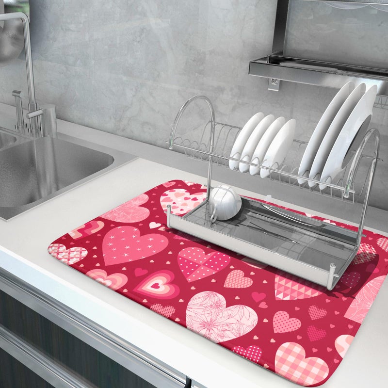 aportt Valentine Day Love Heart Dish Drying Pad 18 x 24 Inch with Absorbent Reversible Microfiber Happy Valentines Pink Red Hearts Drying Mats For Kitchen Counter Dining Room Decoration - Image 5