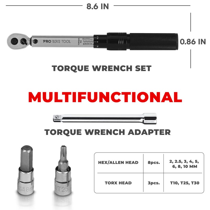 Pro Bike Tool مجموعة مفتاح عزم الدوران للدراجات PRO BIKE TOOL 1/4 بوصة - من 2 إلى 20 نيوتن متر - مجموعة صيانة للدراجات الهوائية والجبليّة - تشمل براغي ألين وتوركس، قضيب تمديد وصندوق تخزين - معتمد من ISO - Image 3