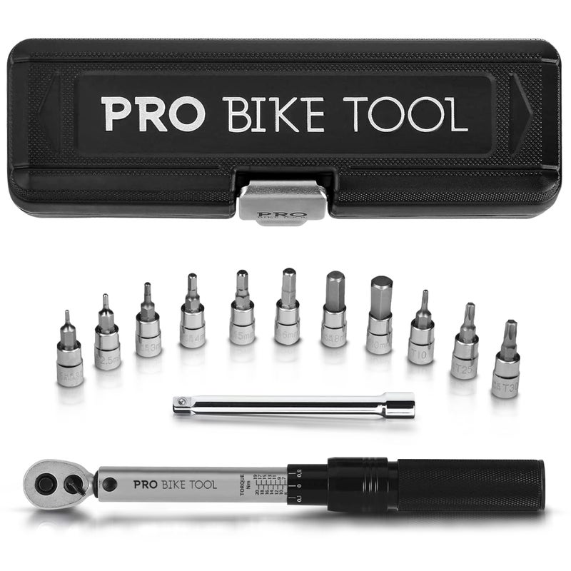 Pro Bike Tool مجموعة مفتاح عزم الدوران للدراجات PRO BIKE TOOL 1/4 بوصة - من 2 إلى 20 نيوتن متر - مجموعة صيانة للدراجات الهوائية والجبليّة - تشمل براغي ألين وتوركس، قضيب تمديد وصندوق تخزين - معتمد من ISO - Image 1