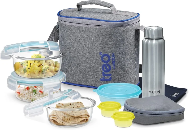 Milton MILTON 10-Piece Glass Lunch Box Set with Insulated Bag & Dinning Mat - Includes 3 Round Food Containers (400ml Each), 750ml Steel Bottle, 200ml & 2 Pcs (30ml Each) Boxes - All Fresh Premier - Grey