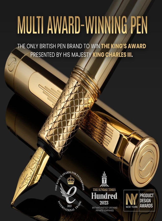 Scriveiner Gold Luxury Fountain Pen (Medium) - Award Winning - Heavy Pocket Stunning Luxury Pen, Real Gold Plating, German Nib & Converter, Nice Gift Pens for Men & Women - Image 2