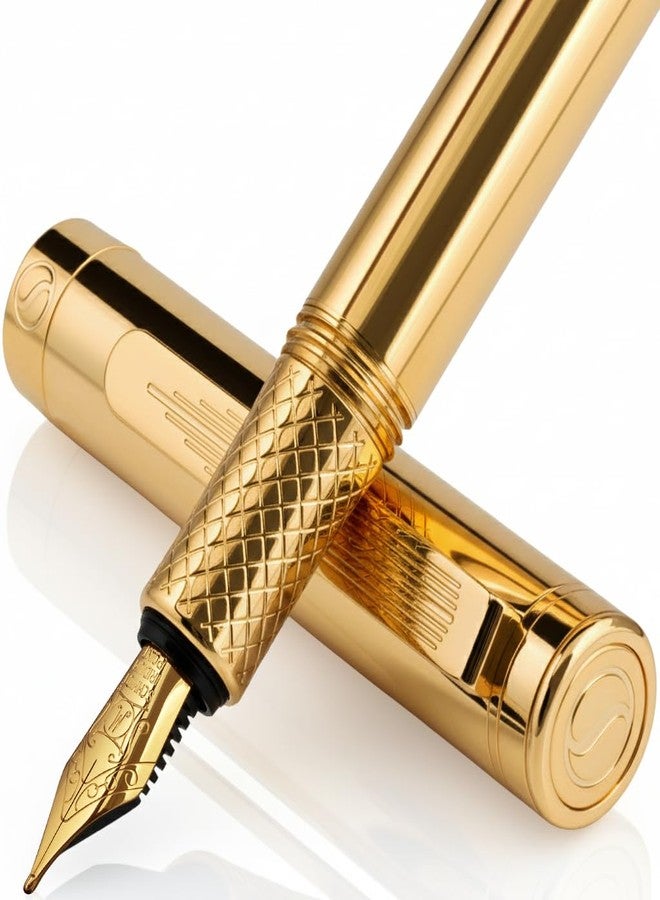 Scriveiner Gold Luxury Fountain Pen (Medium) - Award Winning - Heavy Pocket Stunning Luxury Pen, Real Gold Plating, German Nib & Converter, Nice Gift Pens for Men & Women - Image 1