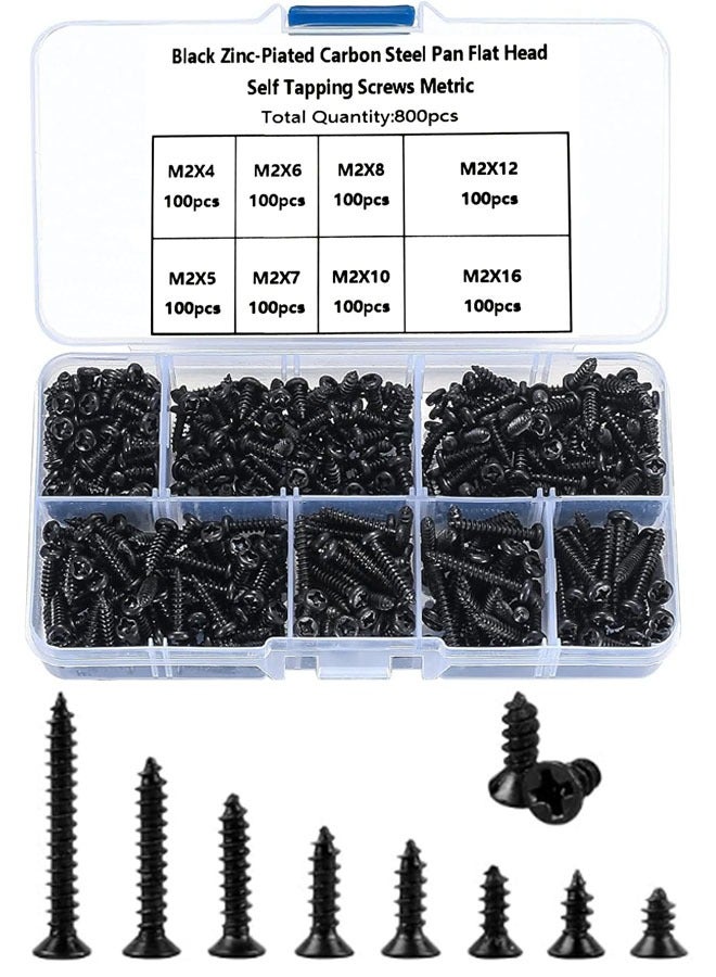 FAVZCBVIN 800 Pcs Self Tapping Screw Kit M2 Small Black Carbon Steel Self Drilling Screws Tiny Wood Screw Flat Countersunk Cross Head Screws Assortment Set for Wood Soft Metal Plastic 4/5/6/7/8/10/12/16 mm - Image 1