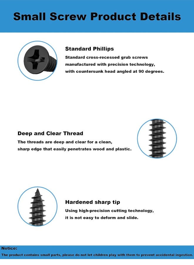 FAVZCBVIN 800 Pcs Self Tapping Screw Kit M2 Small Black Carbon Steel Self Drilling Screws Tiny Wood Screw Flat Countersunk Cross Head Screws Assortment Set for Wood Soft Metal Plastic 4/5/6/7/8/10/12/16 mm - Image 3