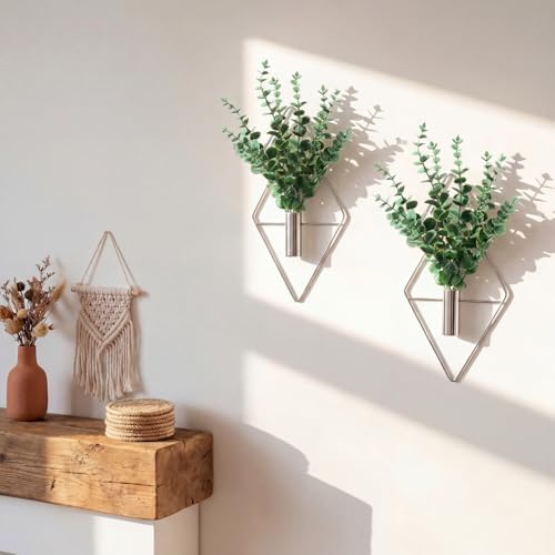 Canlierr 2 Pieces Wall Decor Hanging Planters with Artificial Plants Metal Hanging Vase Indoor Plants Holder Modern Boho Wall Art for Bathroom Bedroom Living Room Decor(Silver, Eucalyptus) - Image 1