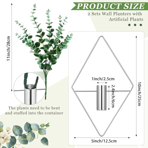 Canlierr 2 Pieces Wall Decor Hanging Planters with Artificial Plants Metal Hanging Vase Indoor Plants Holder Modern Boho Wall Art for Bathroom Bedroom Living Room Decor(Silver, Eucalyptus) - Image 2