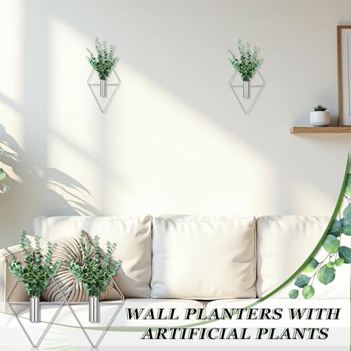 Canlierr 2 Pieces Wall Decor Hanging Planters with Artificial Plants Metal Hanging Vase Indoor Plants Holder Modern Boho Wall Art for Bathroom Bedroom Living Room Decor(Silver, Eucalyptus) - Image 5