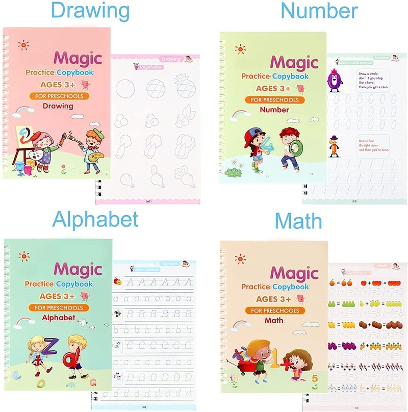 KHUNT ENTERPRISE English Magic Practice Copy Book For Pre-School Kids,Re-Usable Drawing,Alphabet,Numbers And Math Exercise For Children (4 X Books,5 X Refill,1 X Pen,1 X Grip),Multicolor,Small-Megic Book_003 - Image 3
