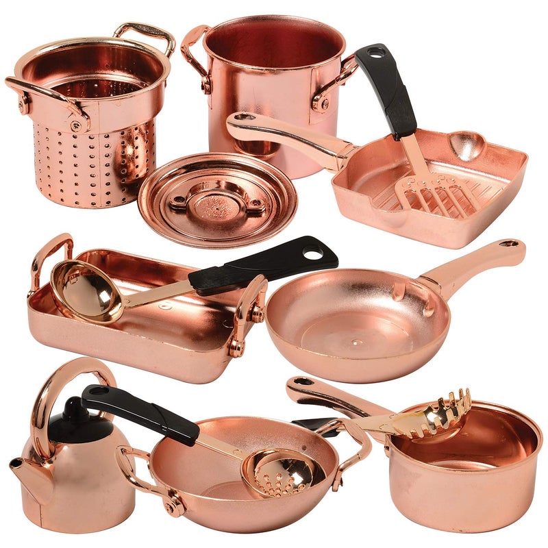 CP Toys 13 Piece Plastic Copper Look Cookware Set for Pretend Kitchen Play for Ages 3 Years and Up - Image 1