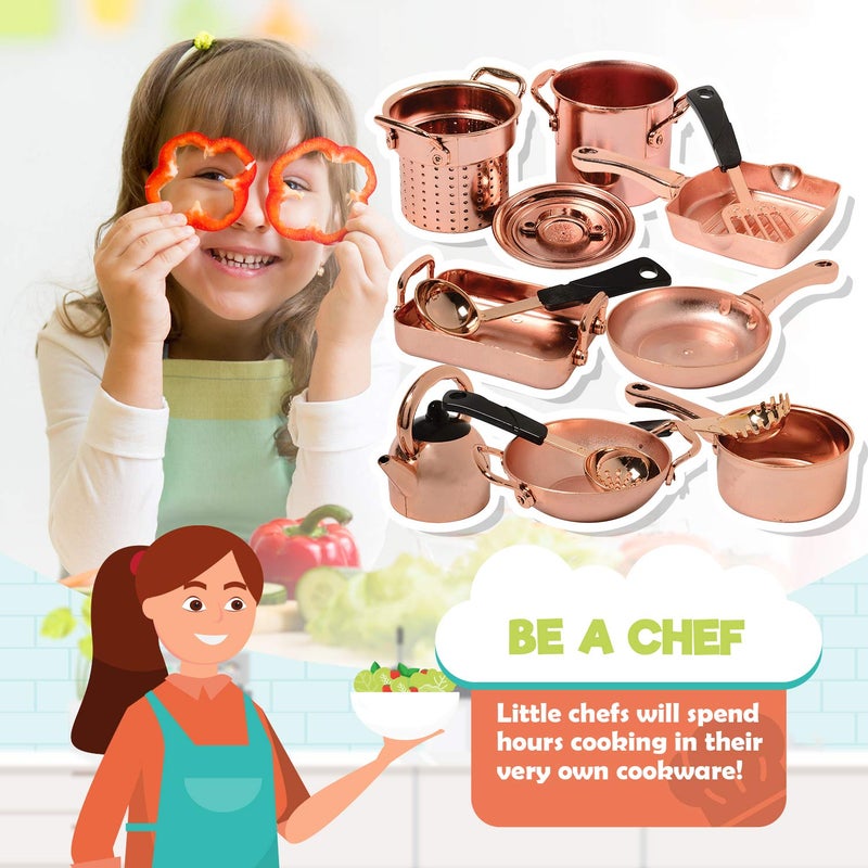 CP Toys 13 Piece Plastic Copper Look Cookware Set for Pretend Kitchen Play for Ages 3 Years and Up - Image 2