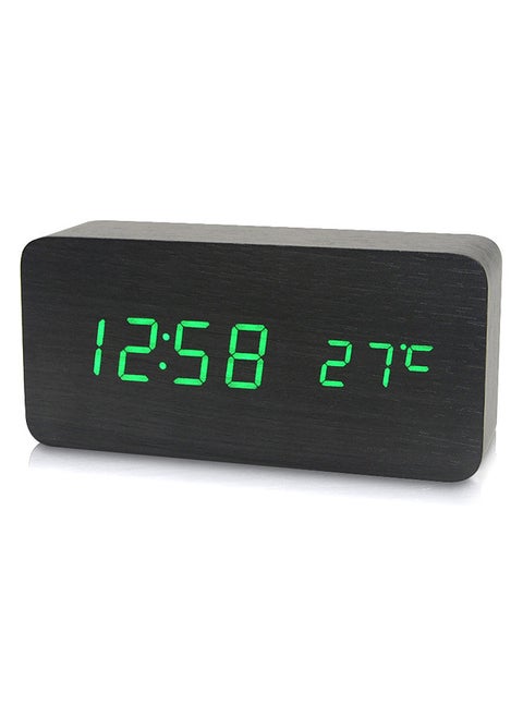 Electronic LED Digital Wooden Alarm Clock Time/ Temperature/ Date Display Desktop Clock 3 Levels Brightness Voice Control USB Charge or Battery Supply -- Black