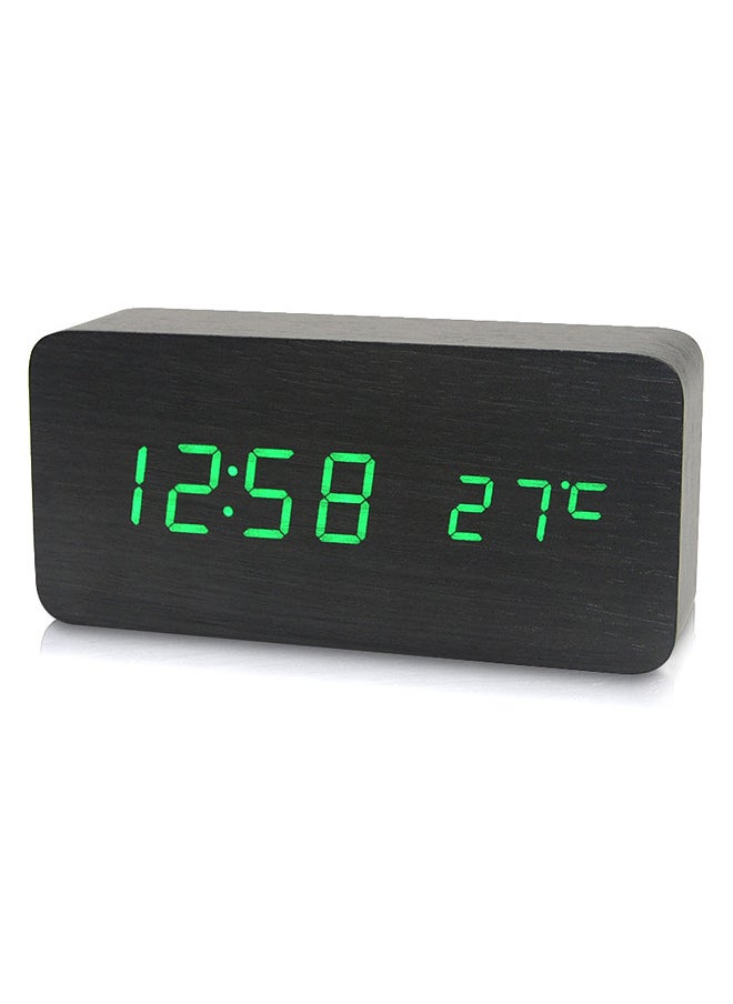 Electronic LED Digital Wooden Alarm Clock Time/ Temperature/ Date Display Desktop Clock 3 Levels Brightness Voice Control USB Charge or Battery Supply -- Black