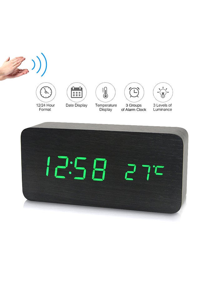 Electronic LED Digital Wooden Alarm Clock Time/ Temperature/ Date Display Desktop Clock 3 Levels Brightness Voice Control USB Charge or Battery Supply -- Black