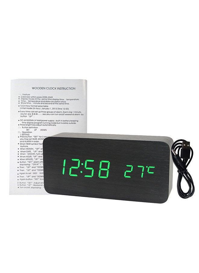 Electronic LED Digital Wooden Alarm Clock Time/ Temperature/ Date Display Desktop Clock 3 Levels Brightness Voice Control USB Charge or Battery Supply -- Black