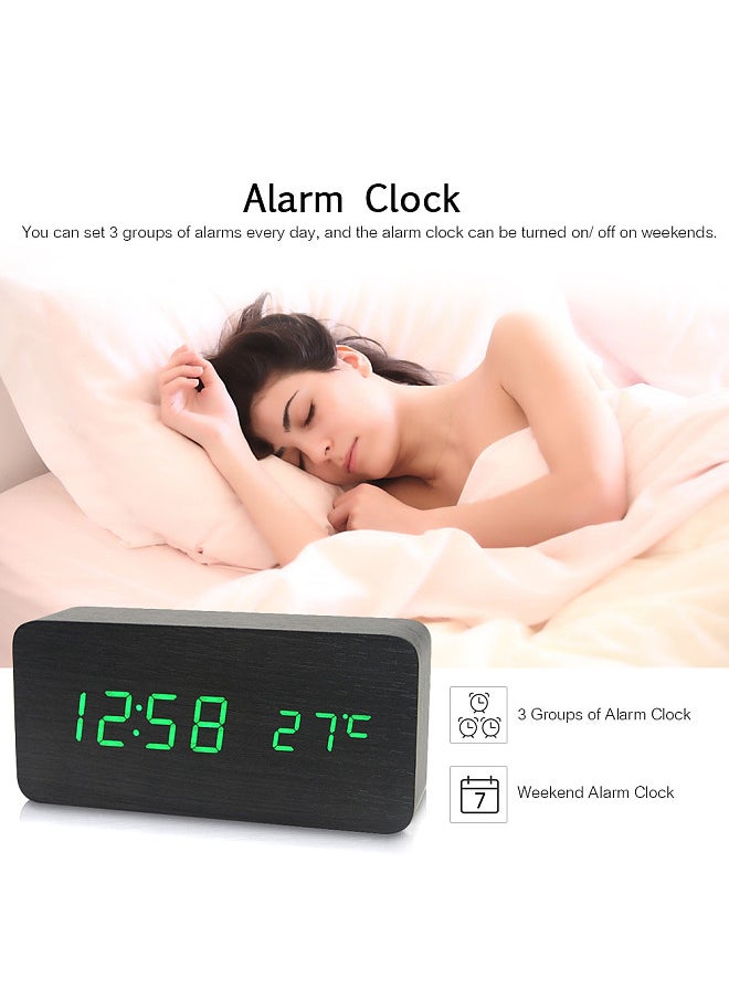 Electronic LED Digital Wooden Alarm Clock Time/ Temperature/ Date Display Desktop Clock 3 Levels Brightness Voice Control USB Charge or Battery Supply -- Black