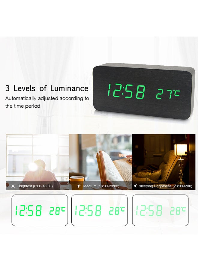 Electronic LED Digital Wooden Alarm Clock Time/ Temperature/ Date Display Desktop Clock 3 Levels Brightness Voice Control USB Charge or Battery Supply -- Black