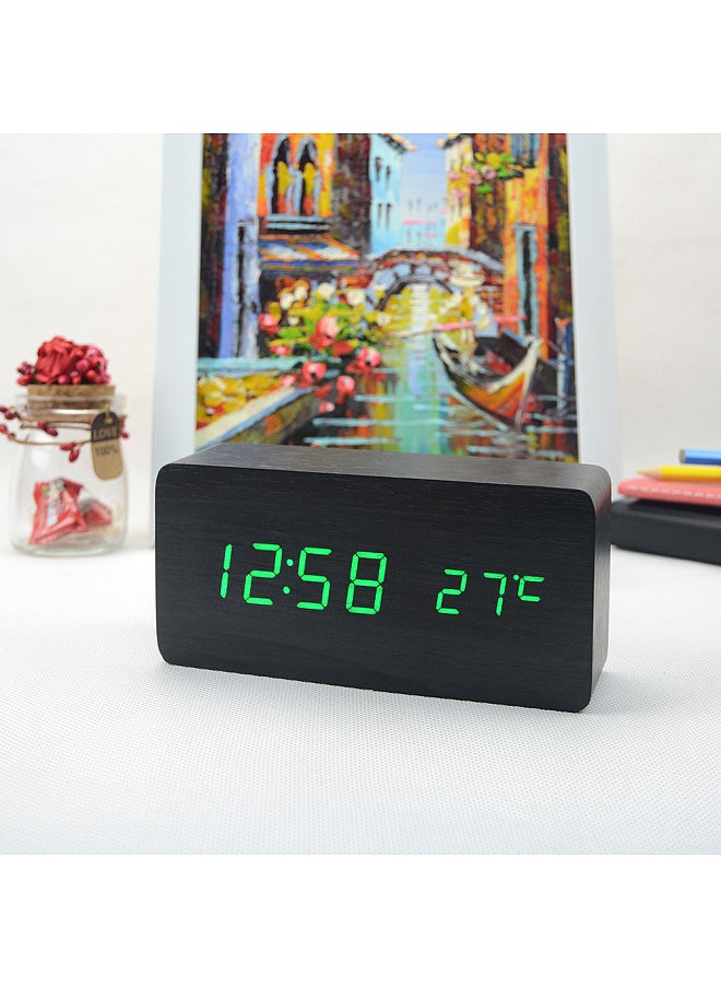 Electronic LED Digital Wooden Alarm Clock Time/ Temperature/ Date Display Desktop Clock 3 Levels Brightness Voice Control USB Charge or Battery Supply -- Black