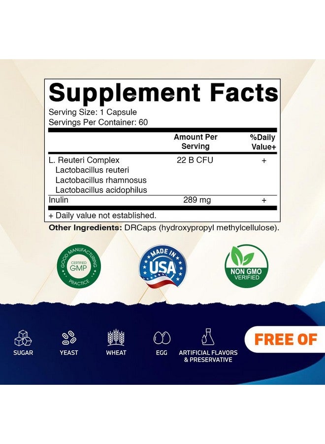 Vitamatic فيتاميناتيك لاكتوباسيلس ريوتيري كومبلكس - 22 مليار وحدة تشكيل مستعمرات لكل كبسولة إطلاق مؤجل - 60 كبسولة - دعم صحة الجهاز الهضمي والأمعاء - مع ألياف الإينولين البريبايوتيك - Image 2