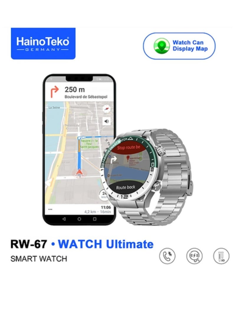 هينو تيكو ساعة ذكية RW-67 بشاشة AMOLED دائرية مع 3 أزواج من الأشرطة وشاحن لاسلكي ويمكن للساعة عرض الخريطة  - Image 1
