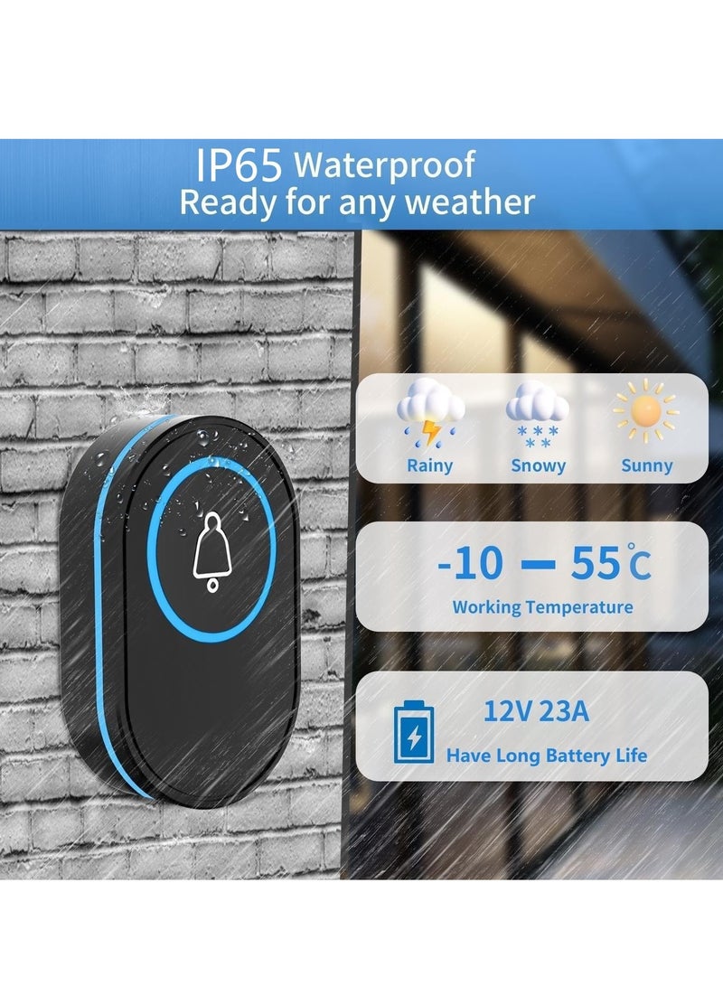 SYOSI جرس باب لاسلكي، جرس باب محمي من الماء IP65 مزود بـ 39 نغمة، 5 مستويات حجم قابلة للتعديل، وميض LED، نطاق 150 متر، مجموعة جرس باب تعمل بالبطارية وسهلة التركيب للمنزل والمدرسة والمكتب، أسود  - Image 2