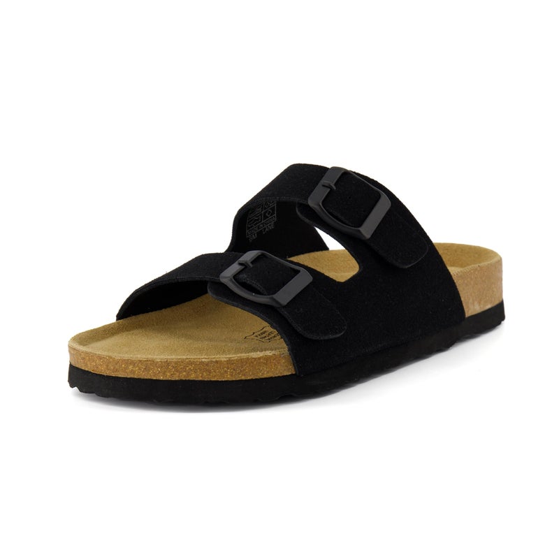 CUSHIONAIRE CUSHIONAIRE Lane Cork Footbed Sandals for Women – Comfortable Double Buckle Slip-On with Genuine Suede Footbed & Arch Support Slides for Women Footwear, BLACK 5 - Image 1