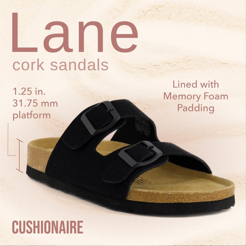 CUSHIONAIRE CUSHIONAIRE Lane Cork Footbed Sandals for Women – Comfortable Double Buckle Slip-On with Genuine Suede Footbed & Arch Support Slides for Women Footwear, BLACK 5 - Image 2