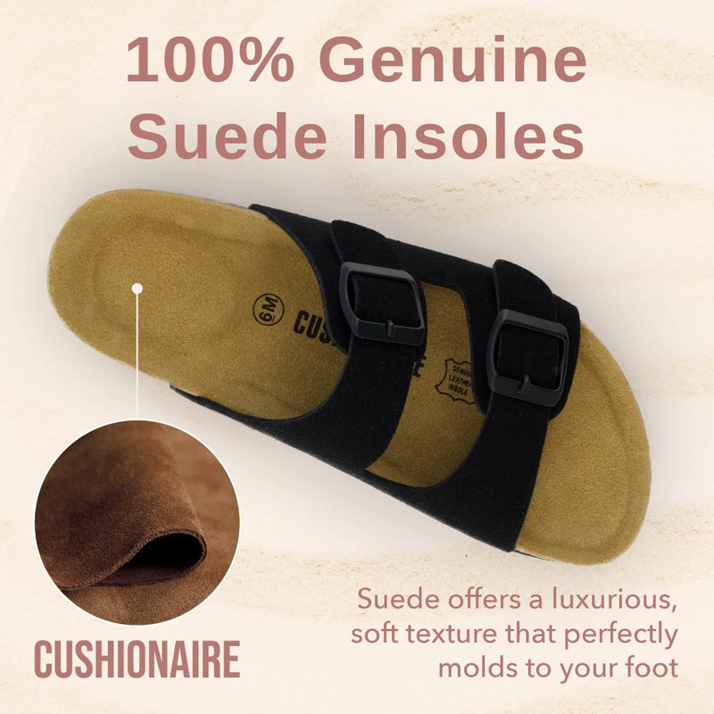 CUSHIONAIRE CUSHIONAIRE Lane Cork Footbed Sandals for Women – Comfortable Double Buckle Slip-On with Genuine Suede Footbed & Arch Support Slides for Women Footwear, BLACK 5 - Image 3