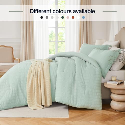 Quataly Sage Green King Comforter Set - 3 Pieces Seersucker Lightweight Bedding Comforter Sets (1 Soft Fluffy Comforter & 2 Pillowcases) - All Seasons Cozy Rustic Bed Sets for Women Men - Image 5