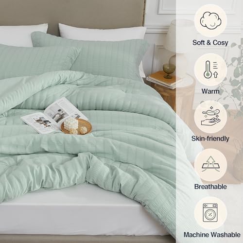 Quataly Sage Green King Comforter Set - 3 Pieces Seersucker Lightweight Bedding Comforter Sets (1 Soft Fluffy Comforter & 2 Pillowcases) - All Seasons Cozy Rustic Bed Sets for Women Men - Image 2