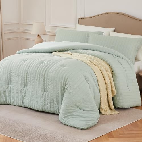 Quataly Sage Green King Comforter Set - 3 Pieces Seersucker Lightweight Bedding Comforter Sets (1 Soft Fluffy Comforter & 2 Pillowcases) - All Seasons Cozy Rustic Bed Sets for Women Men - Image 1