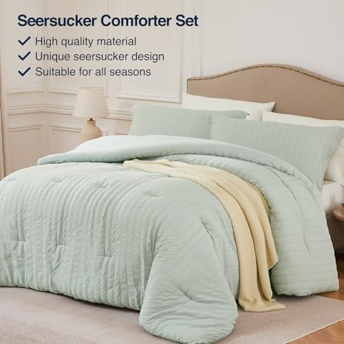 Quataly Sage Green King Comforter Set - 3 Pieces Seersucker Lightweight Bedding Comforter Sets (1 Soft Fluffy Comforter & 2 Pillowcases) - All Seasons Cozy Rustic Bed Sets for Women Men - Image 4