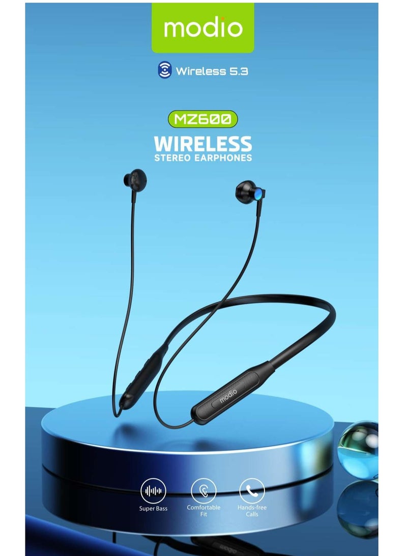 موديو سماعة أذن ستيريو لاسلكية Modio MZ600 مع بلوتوث 5.3 سوبر باس وعمر بطارية 15 ساعة باللون الأسود - Image 2