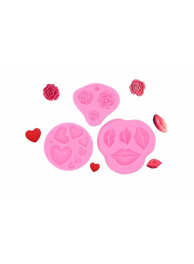 FEILIBAY 3 Pack Silicone Fondant Cake Molds, Mould, Rose Flower, Lips, Heart Shape Candy Molds Set for Chocolate Making, Cake, Valentines Day, Wedding Decoration, Polymer Clay Craft Project - Image 1