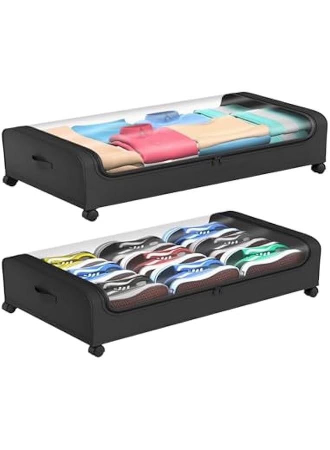 تراسل حاويات تخزين تحت السرير من هوكور، حاويات تخزين تحت السرير بعجلات ومقابض، حاويات تخزين دوارة تحت السرير مع غطاء من الغبار، درج تخزين تحت السرير للملابس والالعاب (اسود) - Image 1