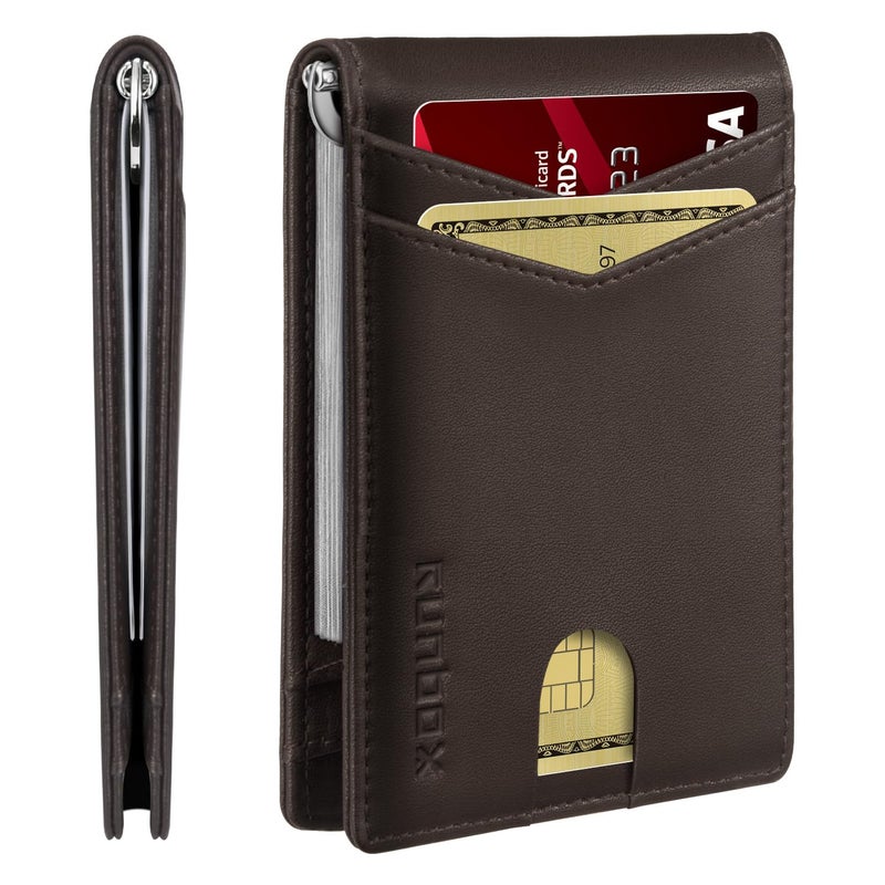 RUNBOX Slim Money Clip Wallets for Men RFID Blocking 8 Card Holder Minimalist Small Thin Carbon Leather Bifold Mens Front Pocket Wallet Gift Box(Chocolate) - Image 1