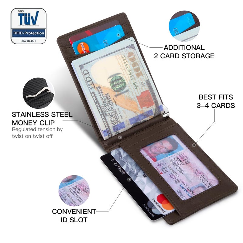 RUNBOX Slim Money Clip Wallets for Men RFID Blocking 8 Card Holder Minimalist Small Thin Carbon Leather Bifold Mens Front Pocket Wallet Gift Box(Chocolate) - Image 3