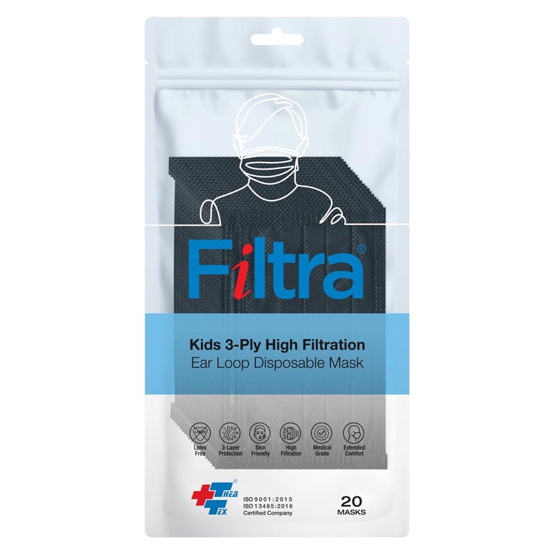 Filtra ® 3-Ply Ear Loop Kids Mask | Ages 3-18 | Kids Mask | Children's Mask | Ladies Mask | High Filtration | New extra tough courier packing | Travel Zip Lock Pouch of 20 Masks - Image 1