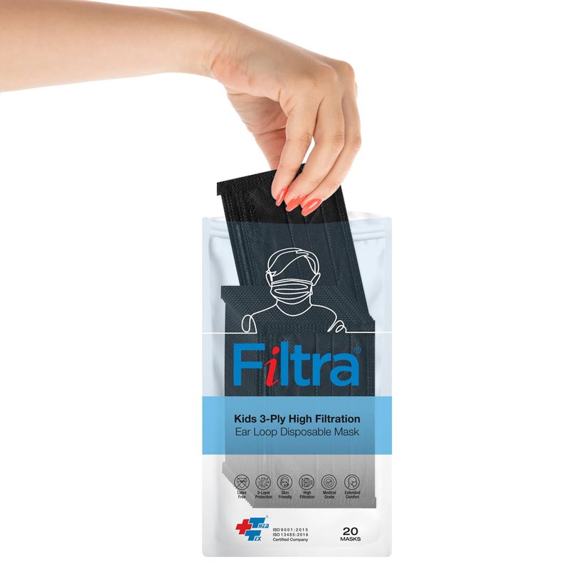 Filtra ® 3-Ply Ear Loop Kids Mask | Ages 3-18 | Kids Mask | Children's Mask | Ladies Mask | High Filtration | New extra tough courier packing | Travel Zip Lock Pouch of 20 Masks - Image 2