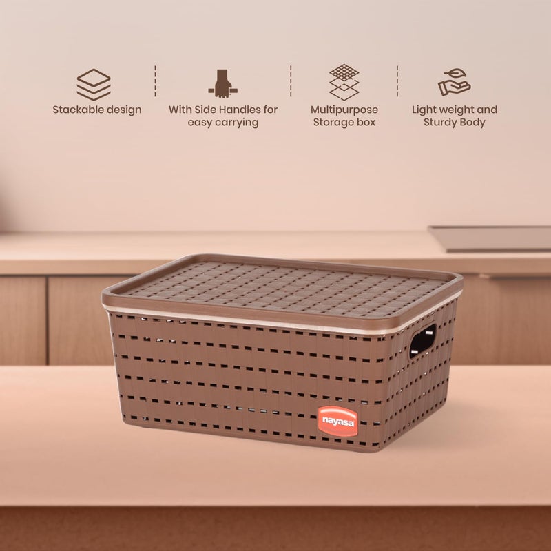 NAYASA Gloria Basket for Storage | Vegetable & Fruit | Storage Box and Organiser Plastic Basket with Lid | Multipurpose Kitchen Organizer Rack | Medium | Brown - Image 4