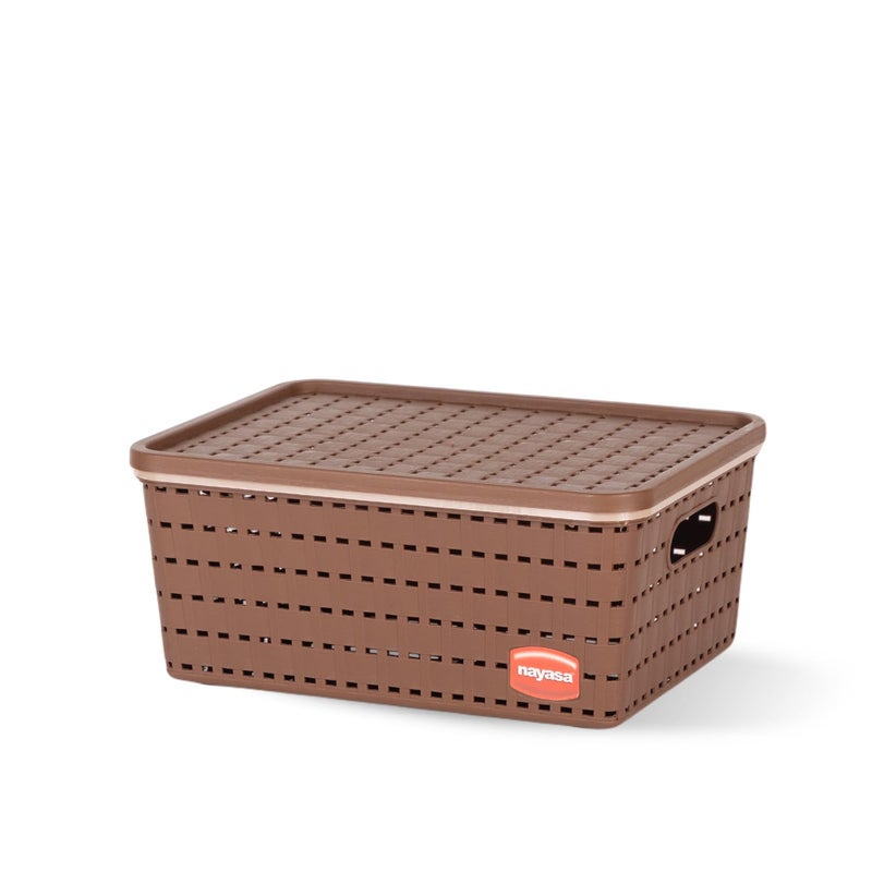 NAYASA Gloria Basket for Storage | Vegetable & Fruit | Storage Box and Organiser Plastic Basket with Lid | Multipurpose Kitchen Organizer Rack | Medium | Brown - Image 1