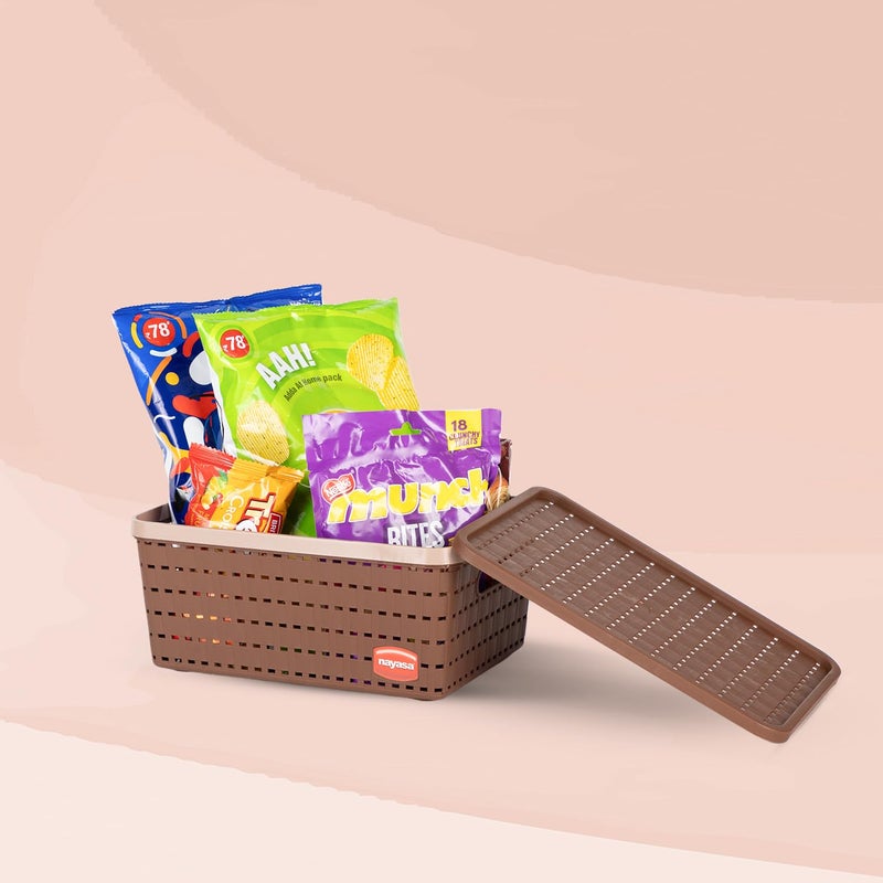 NAYASA Gloria Basket for Storage | Vegetable & Fruit | Storage Box and Organiser Plastic Basket with Lid | Multipurpose Kitchen Organizer Rack | Medium | Brown - Image 5