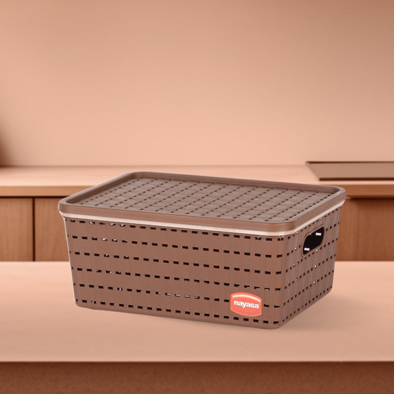 NAYASA Gloria Basket for Storage | Vegetable & Fruit | Storage Box and Organiser Plastic Basket with Lid | Multipurpose Kitchen Organizer Rack | Medium | Brown - Image 2