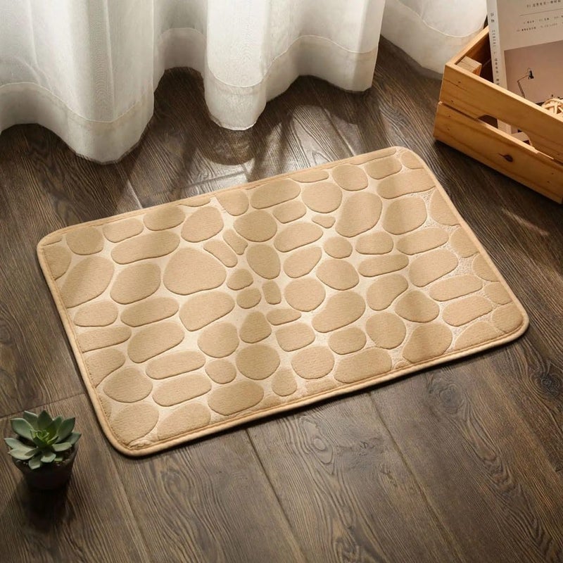 Khaki Bath Mat Cobblestone Water Absorbent Machine Washable Bathroom Rug 40x60cm - Image 5